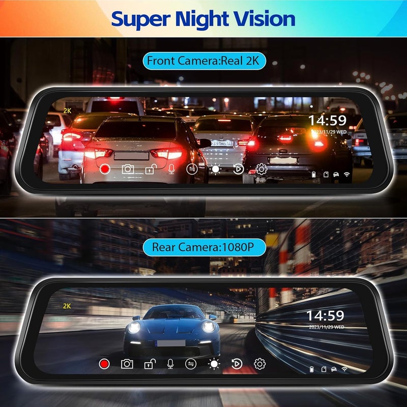 AMprime 2K Mirror Dash Cam, 9.66 Inch 3 Channel Front Rear Inside View Mirror Camera Triple Mirror Dash Cam Night Vision,G-Sensor,Parking Assistance,APP Control,24H Parking Monitor,Waterproof Backup Camera - Image 3